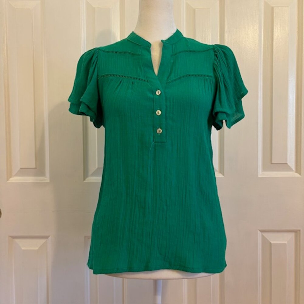 Nanette by Nanette Lepore Emerald Green Flutter Sleeve Button Front Top Sz Small